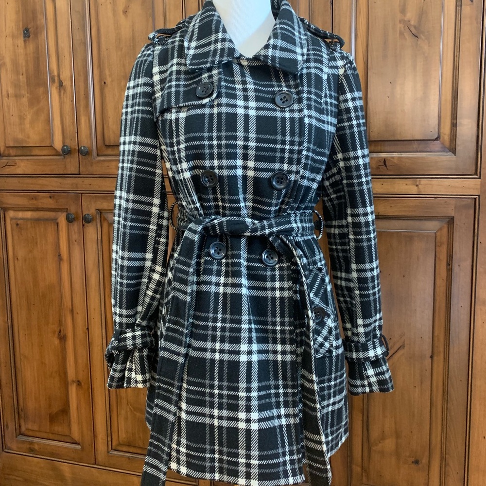 Black & White Plaid Dress Coat - Pea Coat L